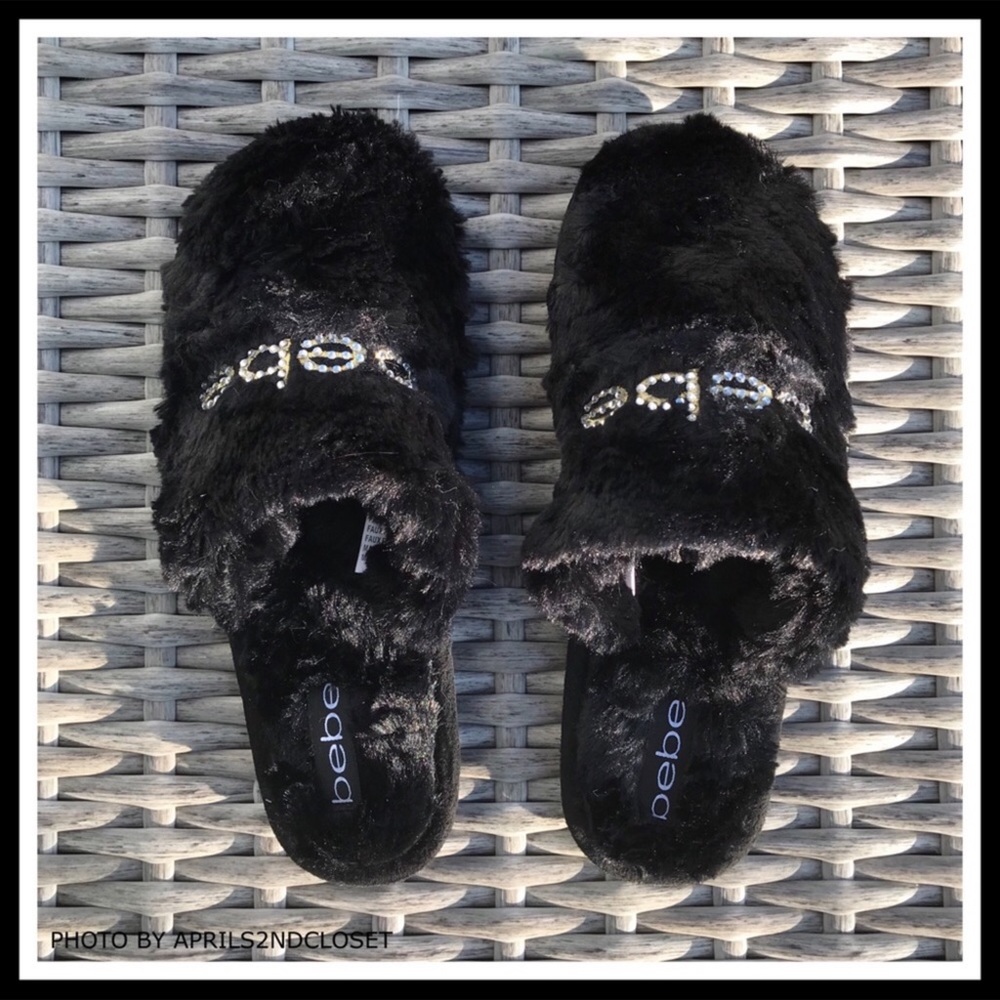 BEBE COZY PLUSH CRYSTAL EMBELLISHED SLIP ONS - Picture 5 of 7
